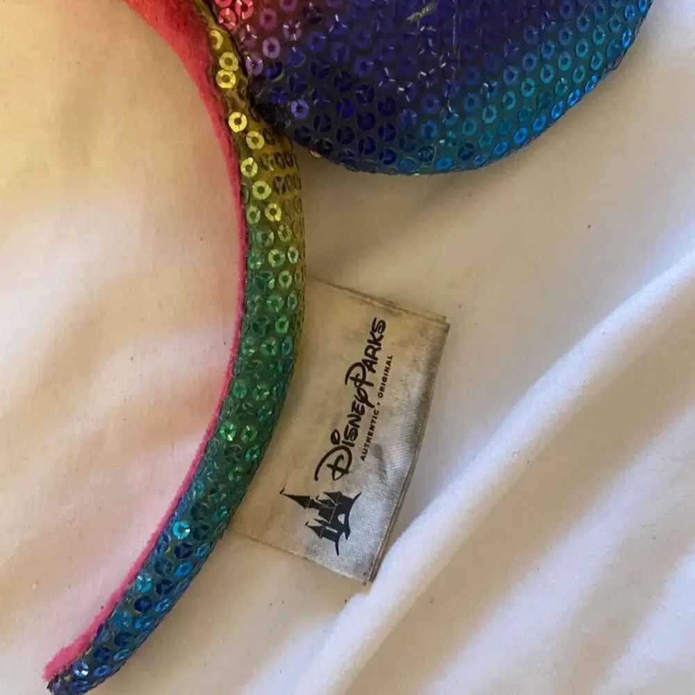Disney Parks Rainbow Sequin Minnie Mouse Ear Headband Bow Authentic